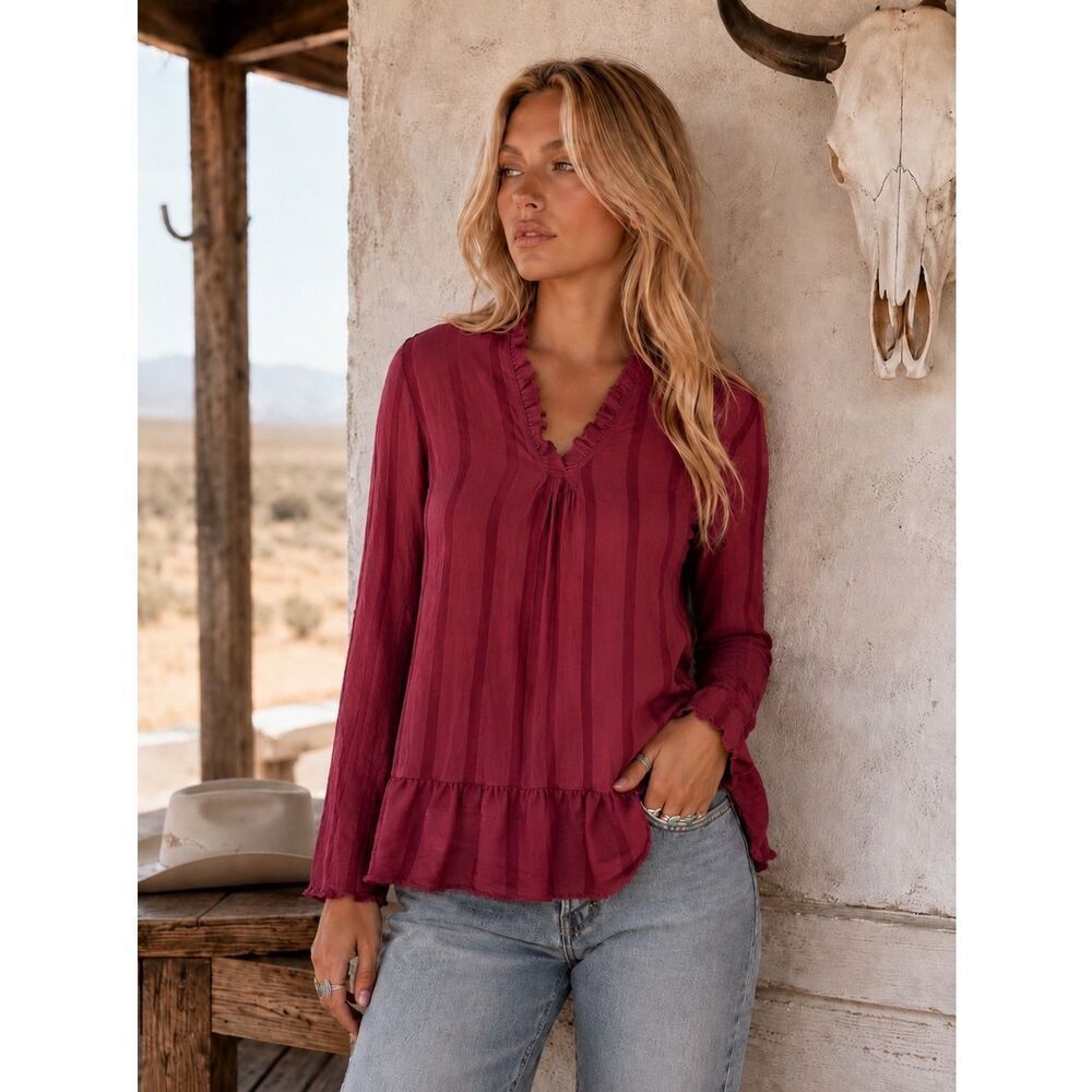Boho Chic Ruffle V-Neck Peasant Blouse - Burgundy/Rust Colored